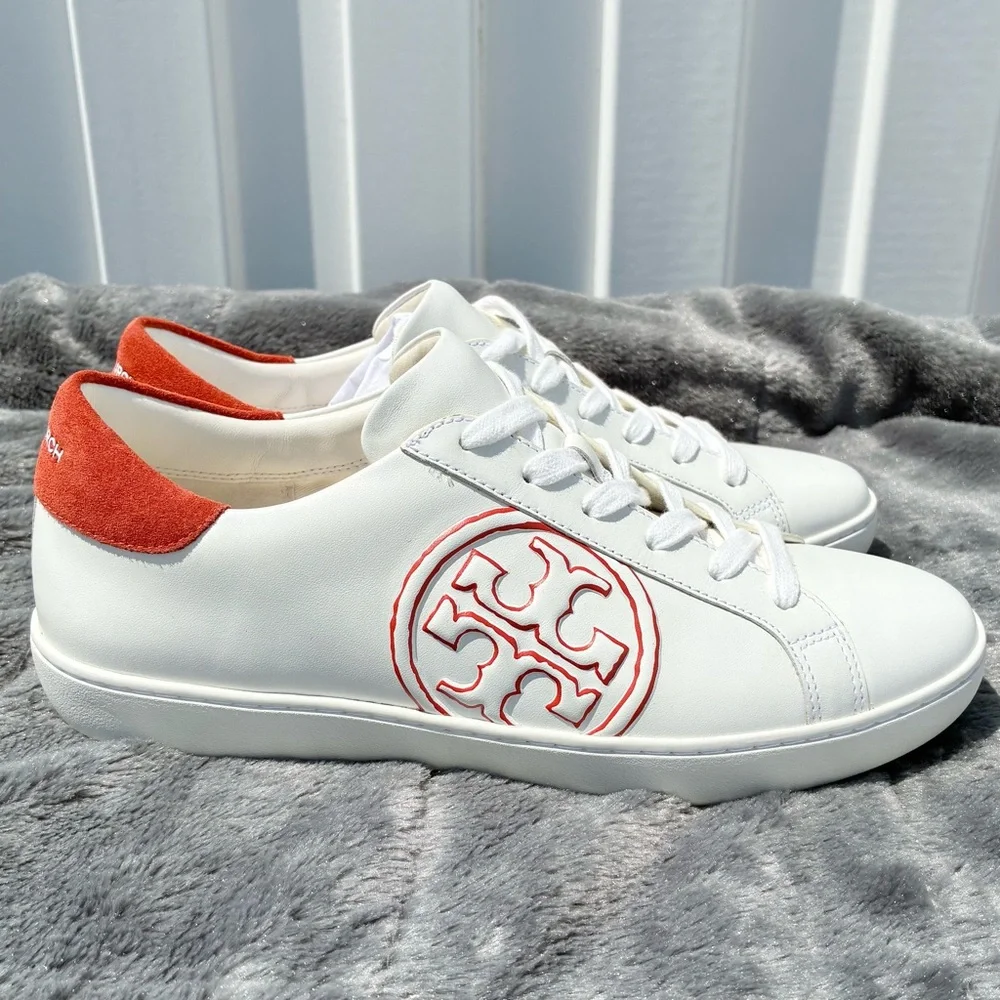 TORY BURCH NEW T-Logo Sneaker Leather Suede Trim Snow White/Canyon Orange SZ 9